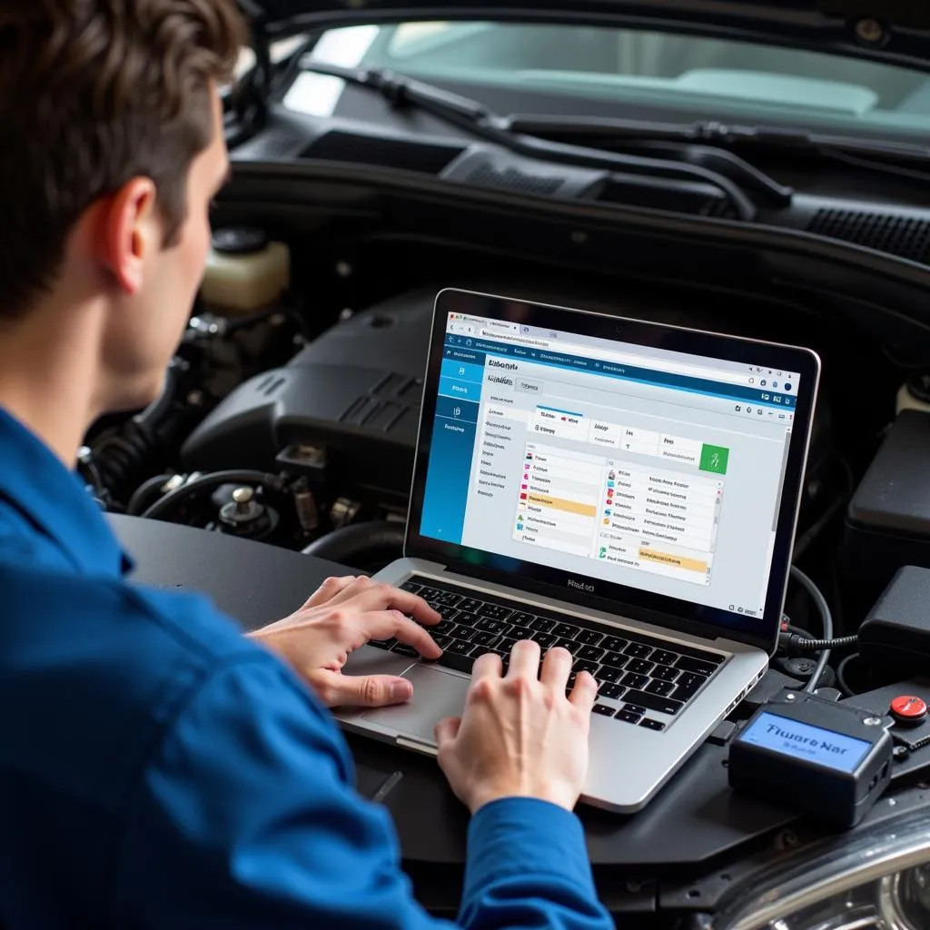 Mechanic Using Laptop for Car Diagnostics