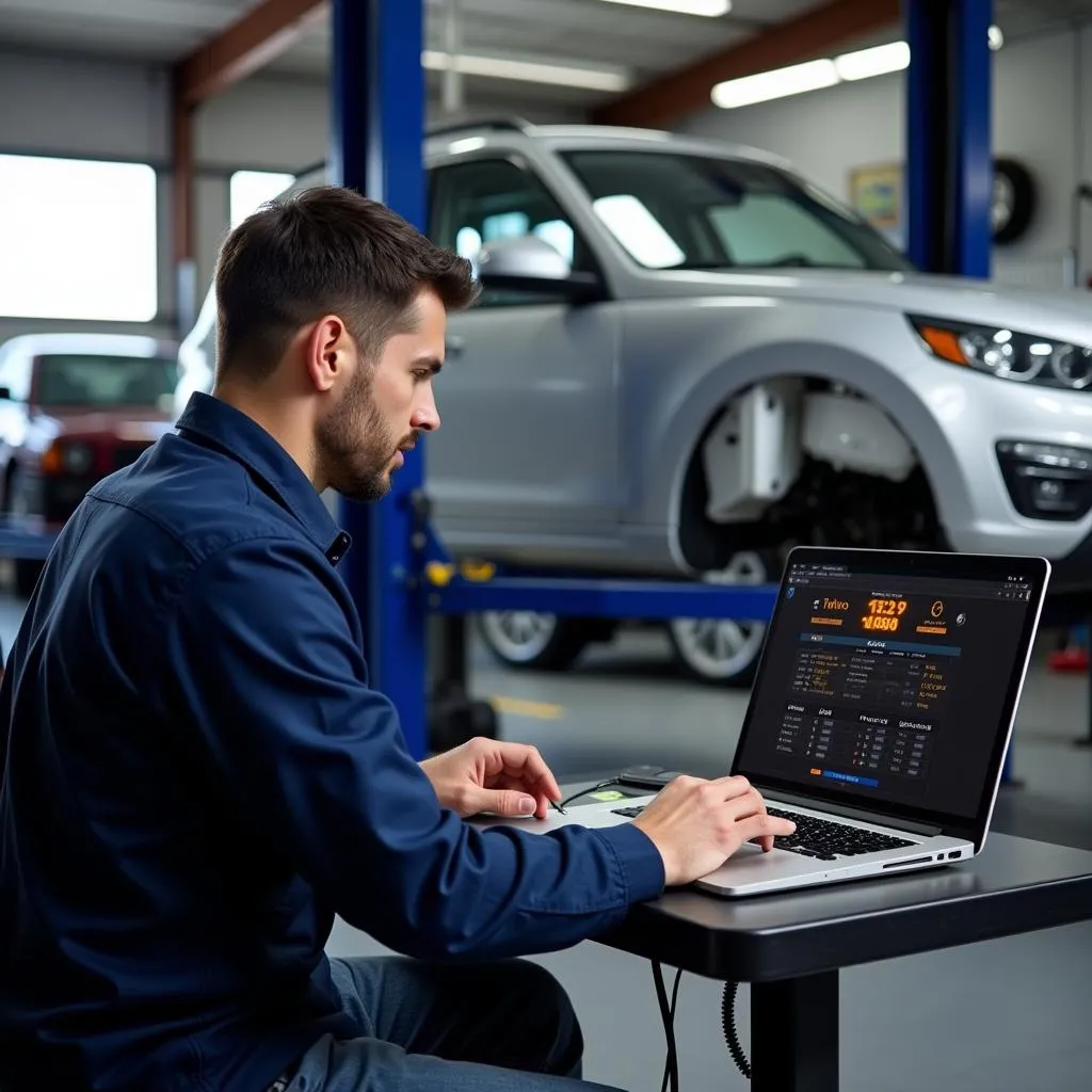 Mechanic Using Laptop to Diagnose Car