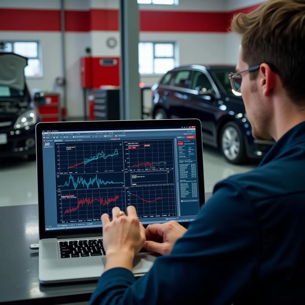 Mechanic using a laptop displaying Dakota Digital software