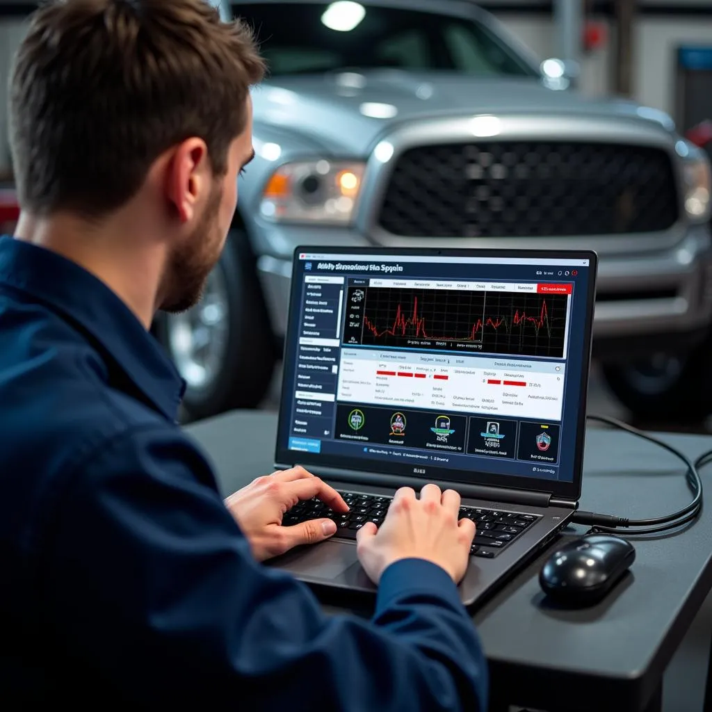 Mechanic using ELM OBD software in a garage