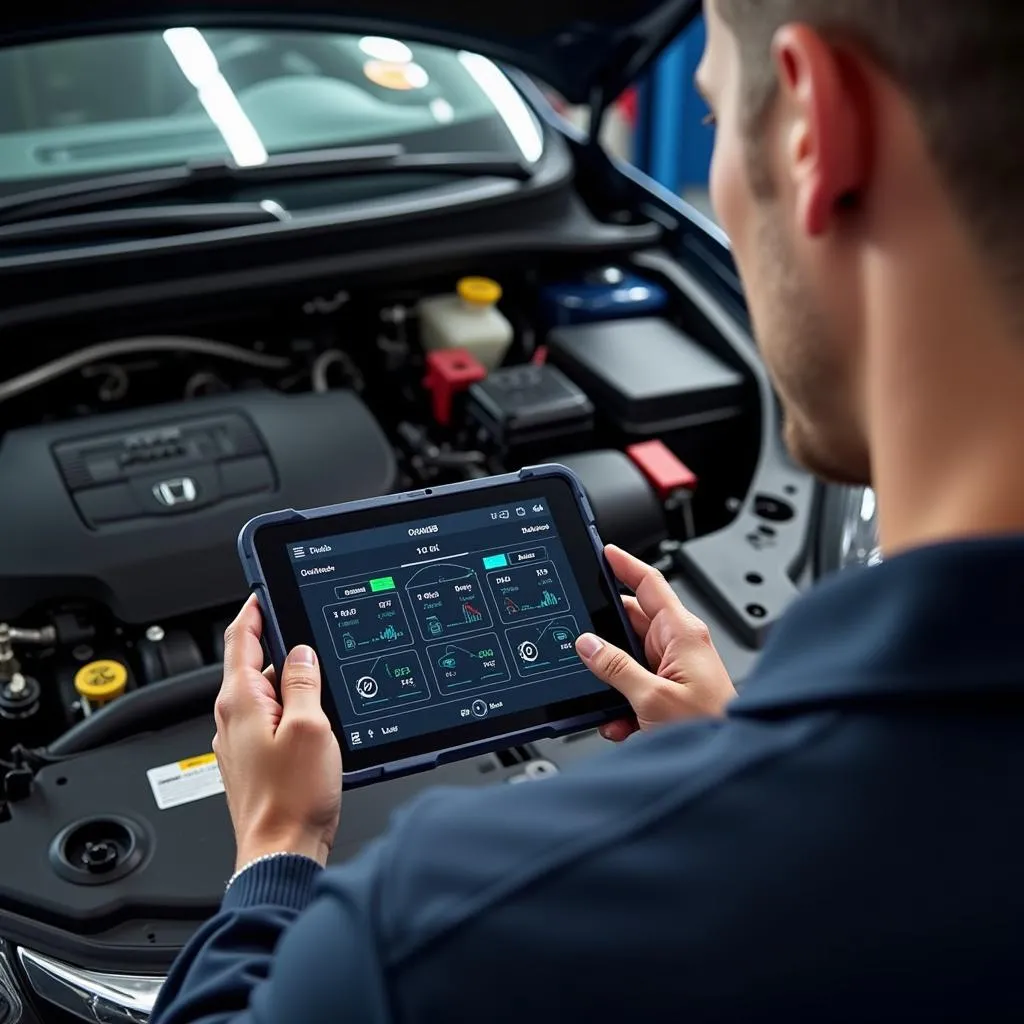 Mechanic Using OBD App on Tablet to Diagnose Honda Engine