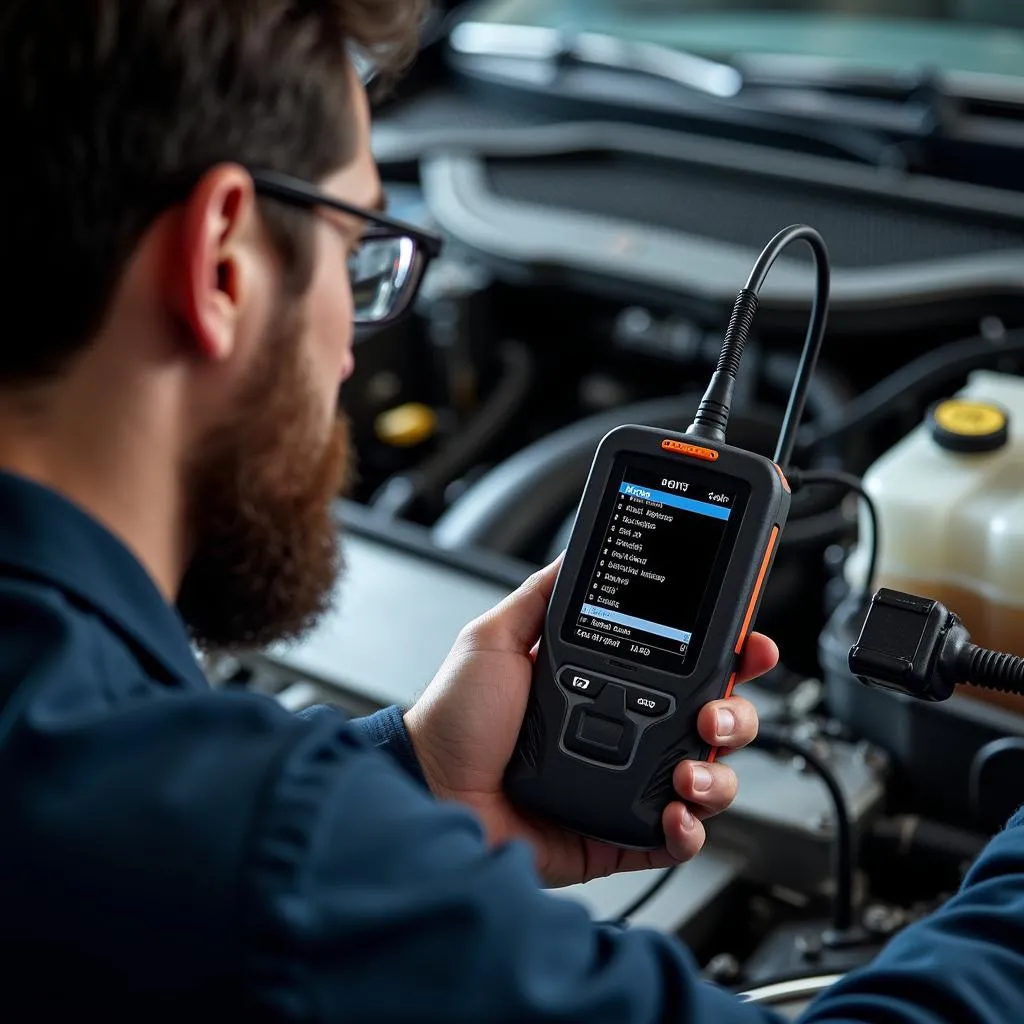 Mechanic Diagnosing Car with OBD II Scanner