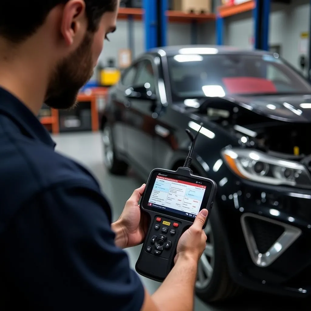 Mechanic Diagnosing Car Issue with OBD II Scanner