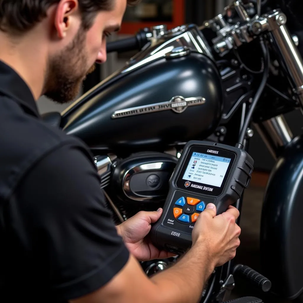 Mechanic Diagnosing a Harley Davidson with OBD II Scanner