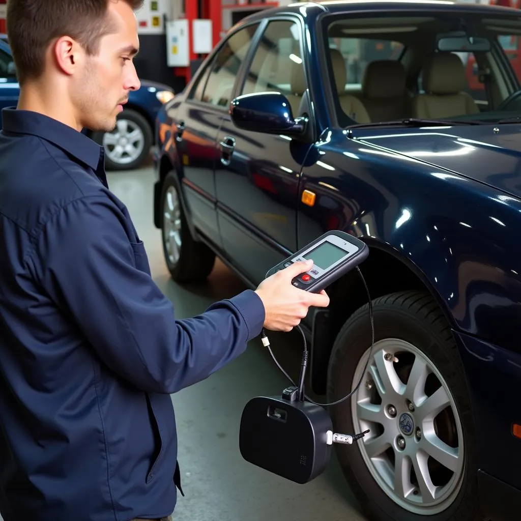 Mechanic Using OBD Scanner on Mazda 626