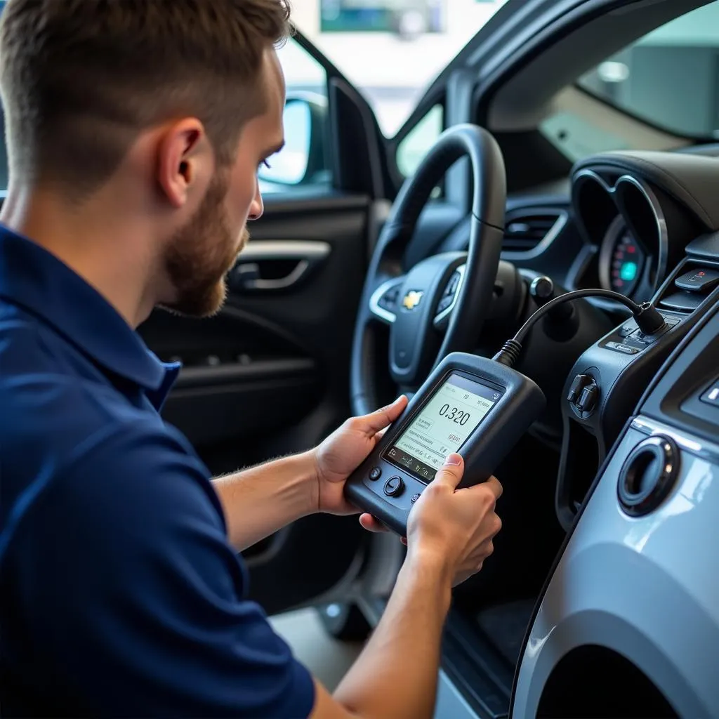 Mechanic Using OBD Scanner on Chevy Volt