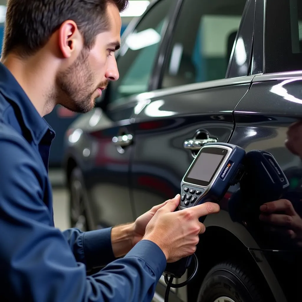 Mechanic Diagnosing Infiniti Using OBD Scanner