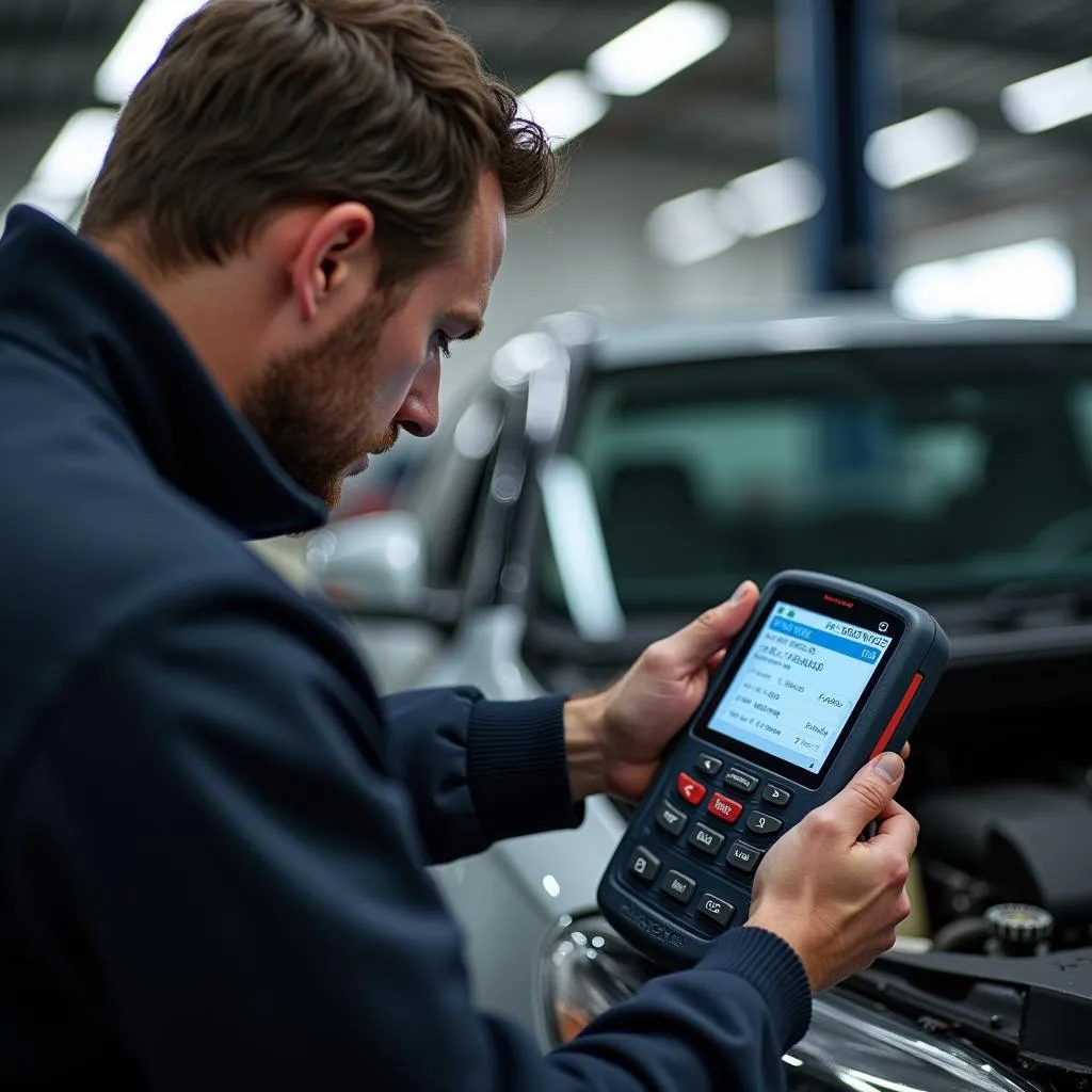 Mechanic Using OBD Scanner to Diagnose Car Problem