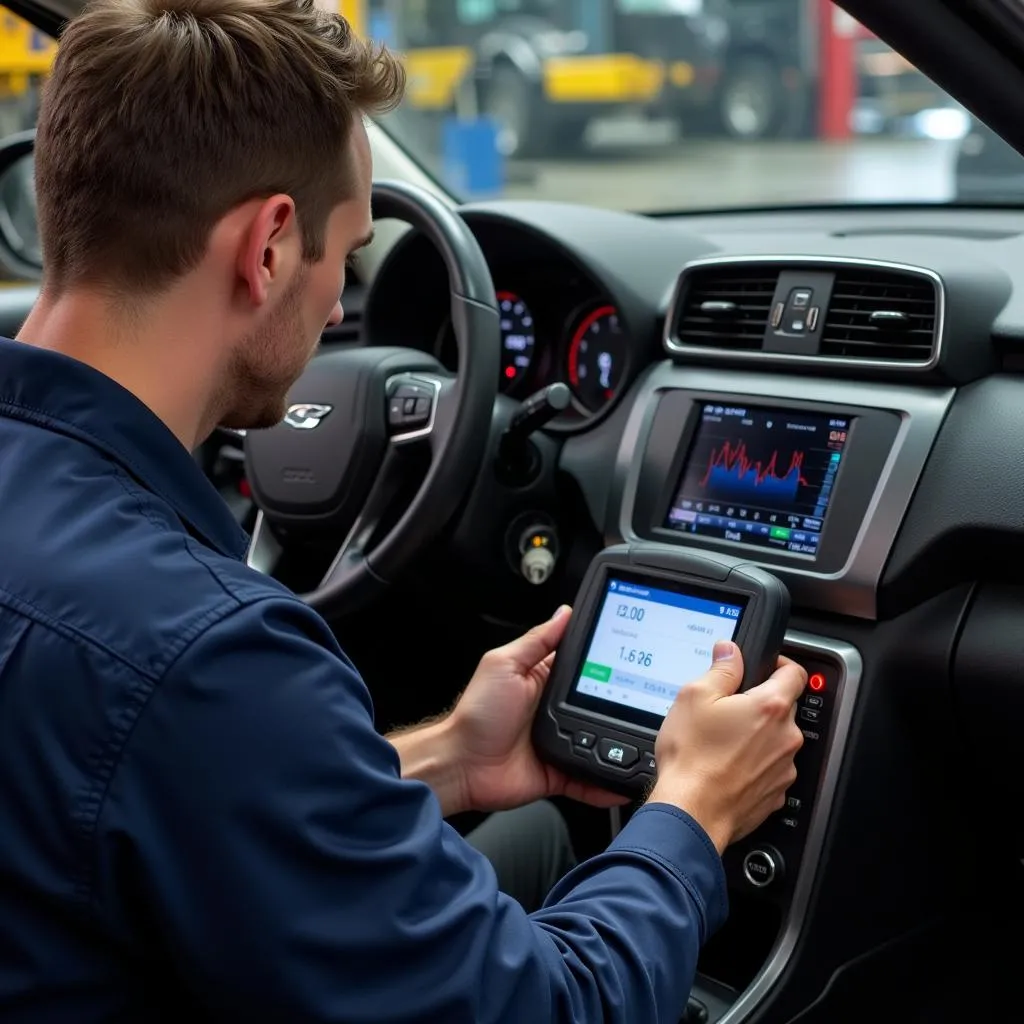 Mechanic Using OBD Scanner to Diagnose Car Problem