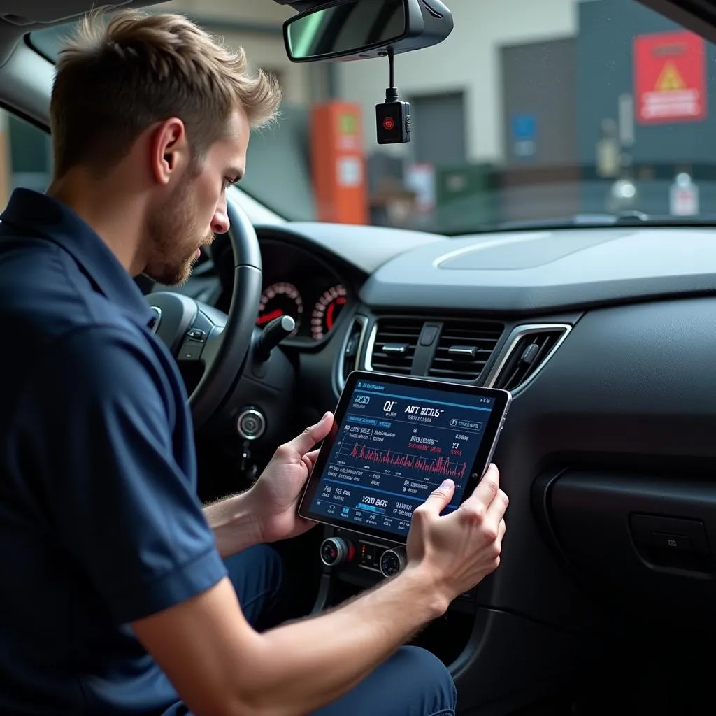 Mechanic using an OBD WiFi adapter for car diagnostics in a professional workshop