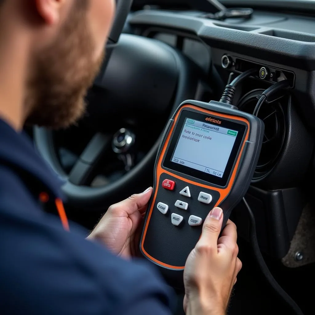 Mechanic using OBD2 scanner on a car