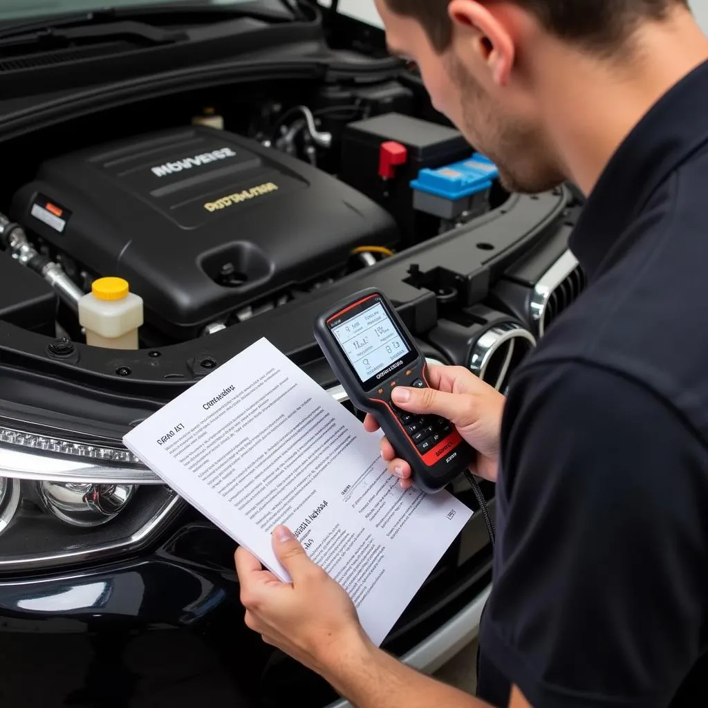 Mechanic Using OBD2 Scanner and Manual