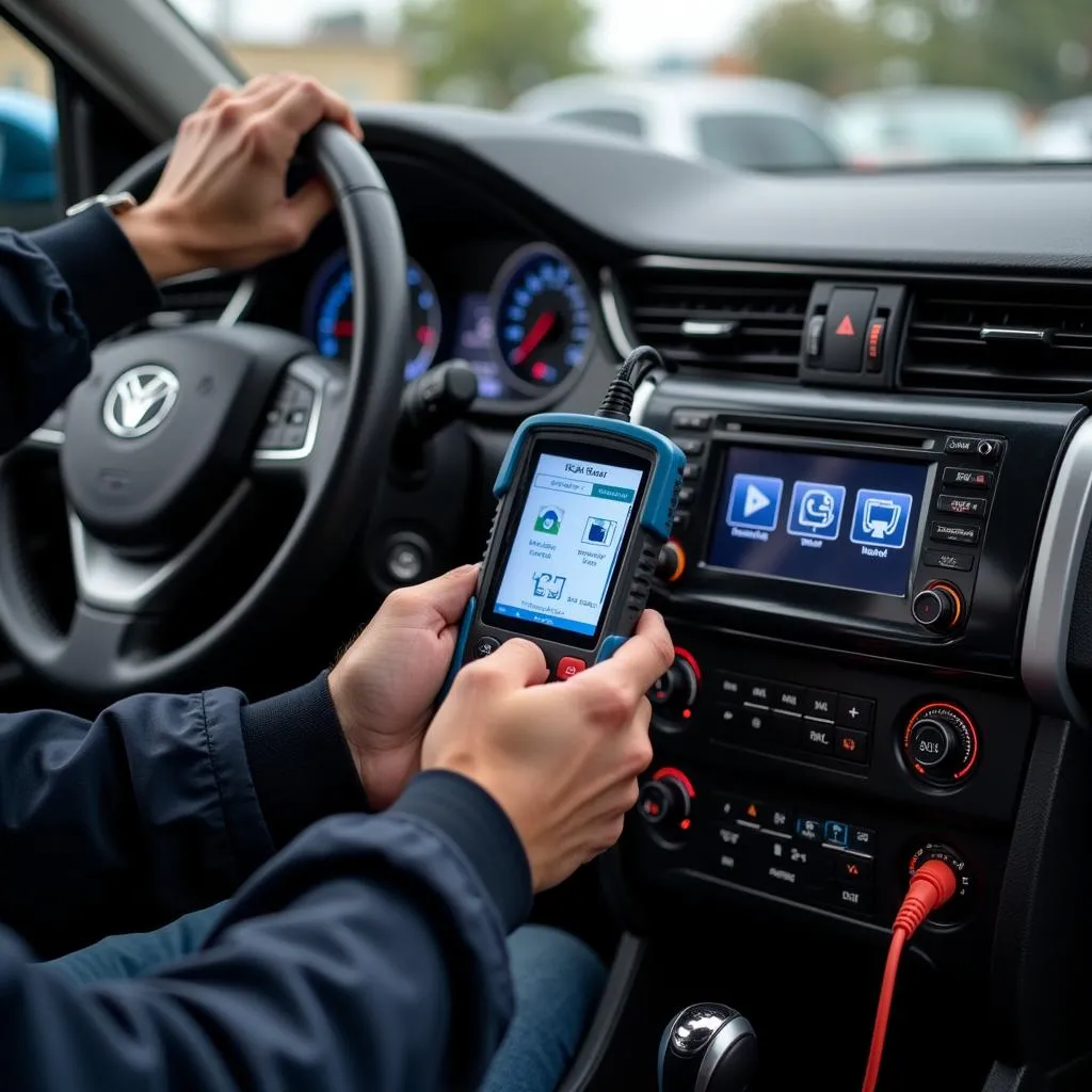 Mechanic Using OBD2 Scanner on Car