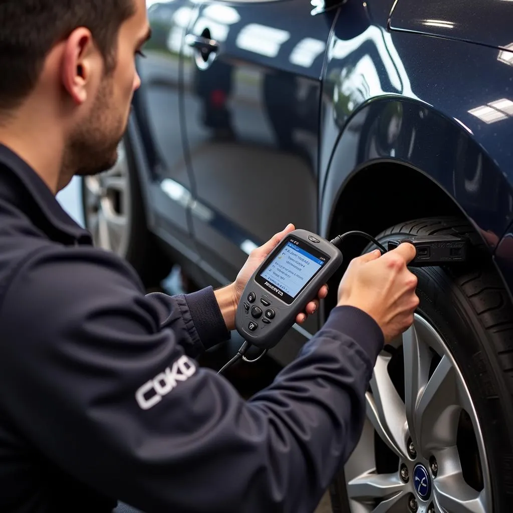 Mechanic Diagnosing Hyundai Tucson with OBD2 Scanner