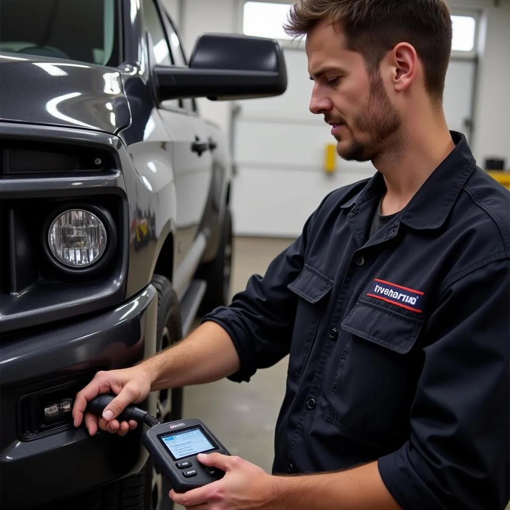 Mechanic Using OBD2 Scanner on Toyota Tundra