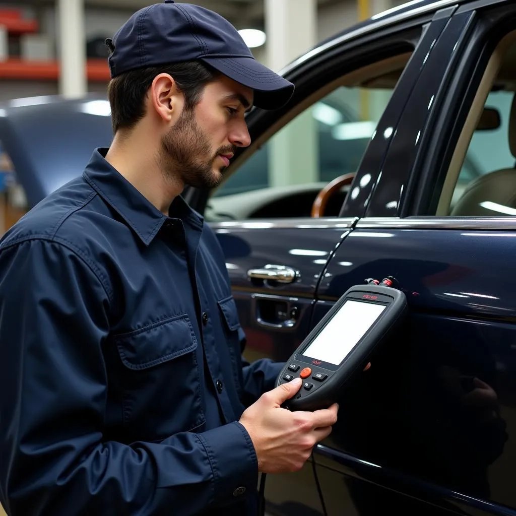 Mechanic using a diagnostic scanner on a 2002 Jaguar XJ8