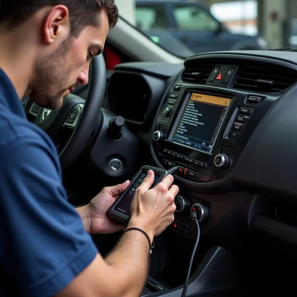 Mechanic Using Scanner to Read OBD-II Codes