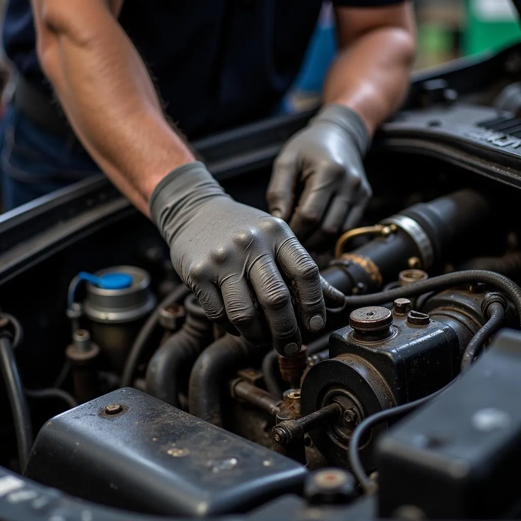 Mechanic working on a car engine