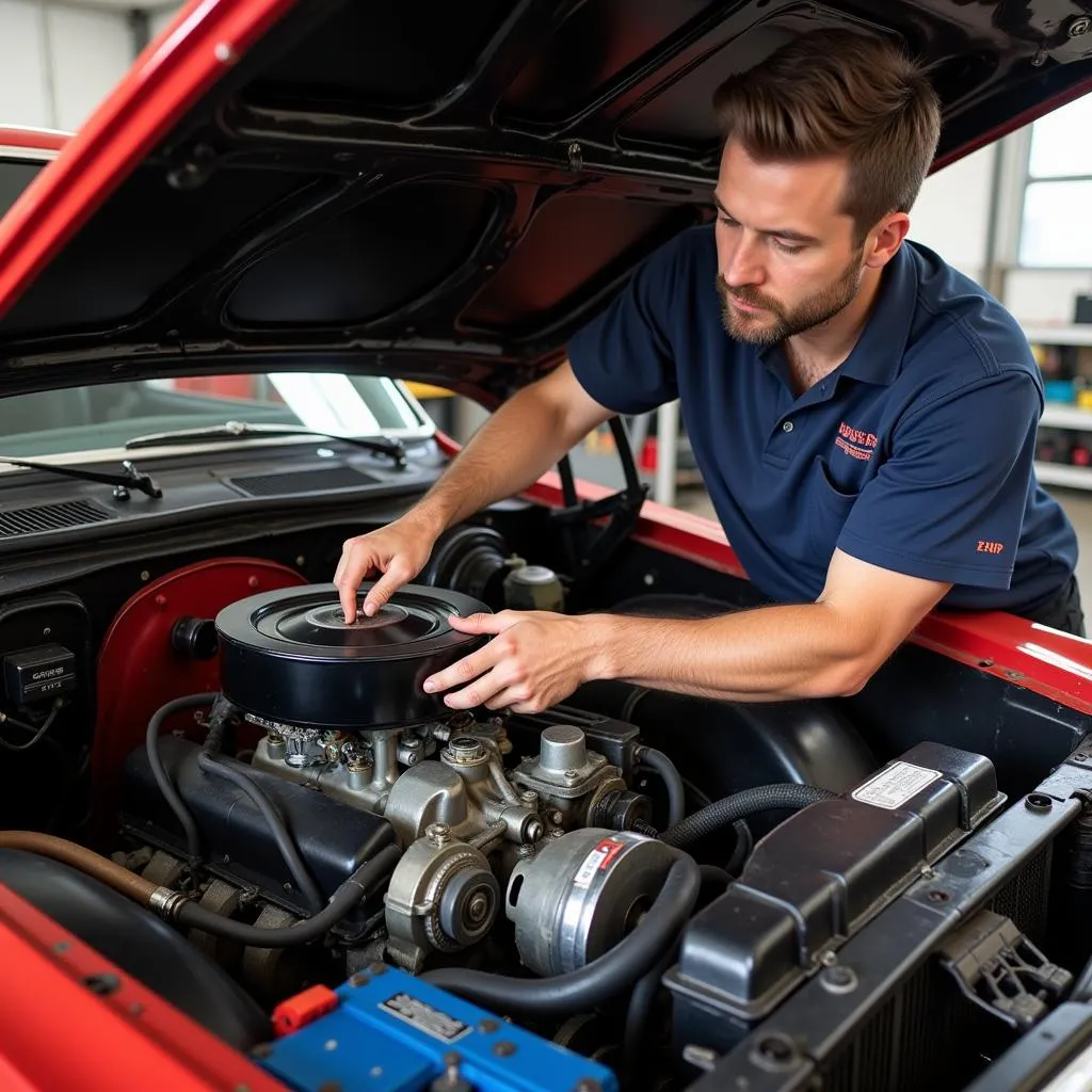 Mechanic Repairing a Classic Car Engine