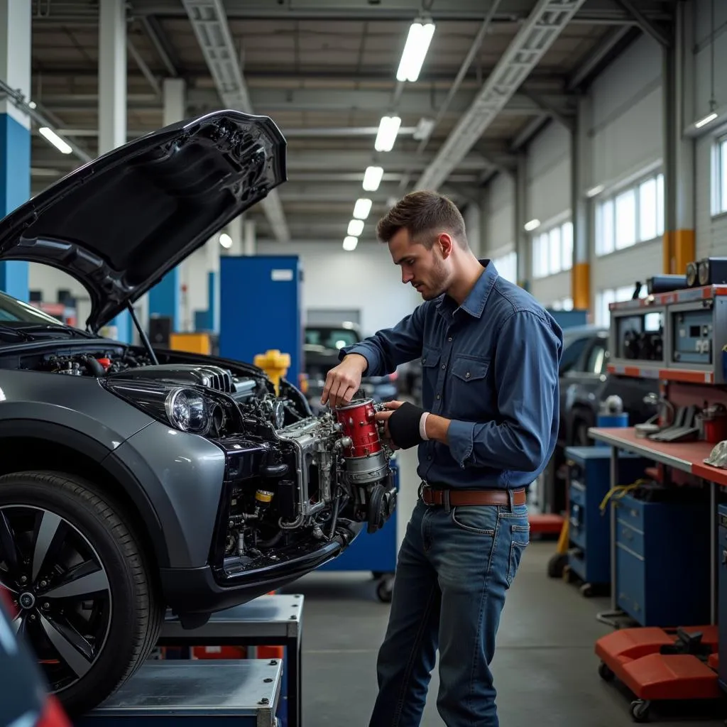 Mechanic Working on Electric Car Engine