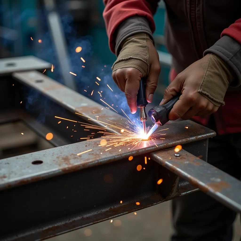 MIG welder working on a car frame