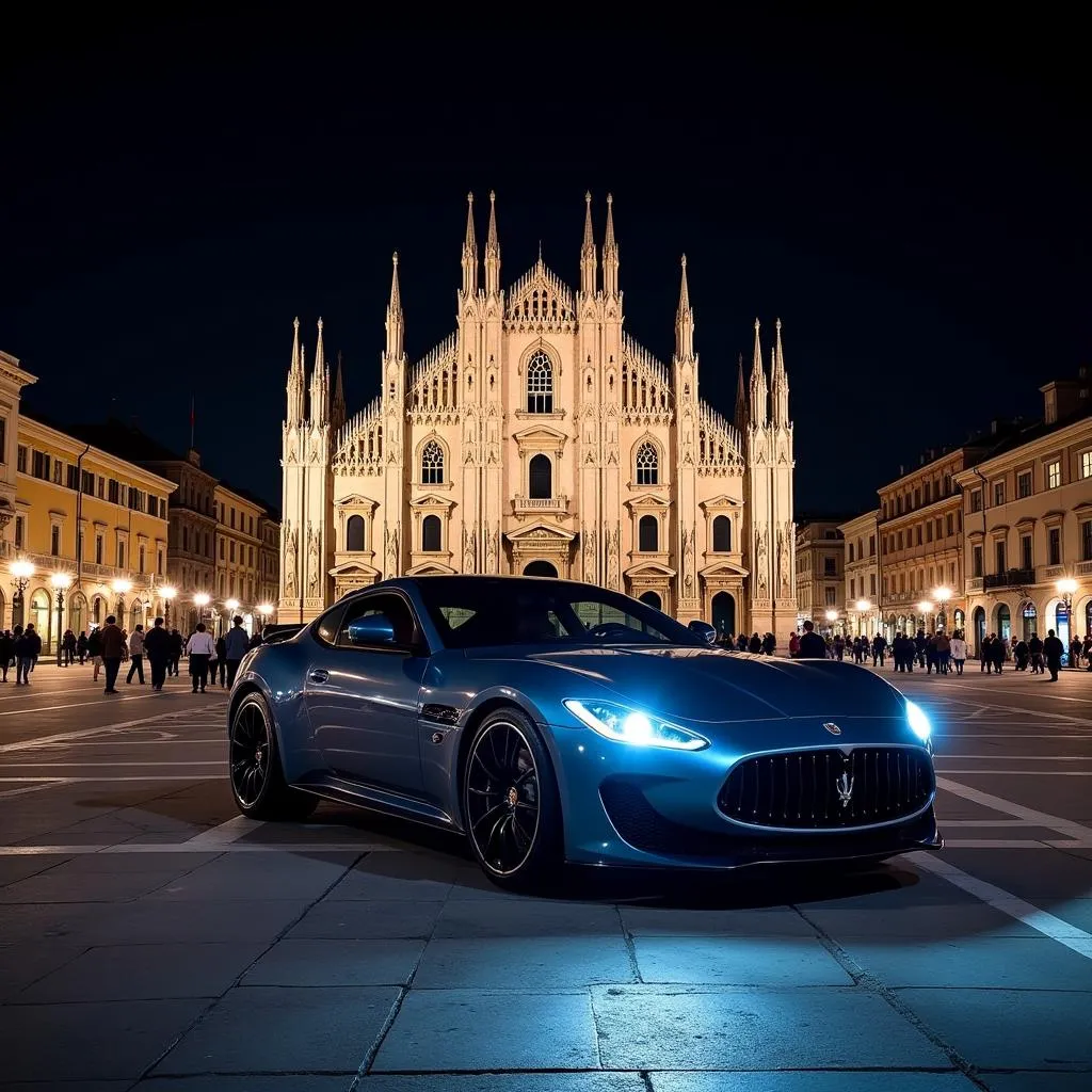 Luxury Car in Front of a Milanese Landmark at Night