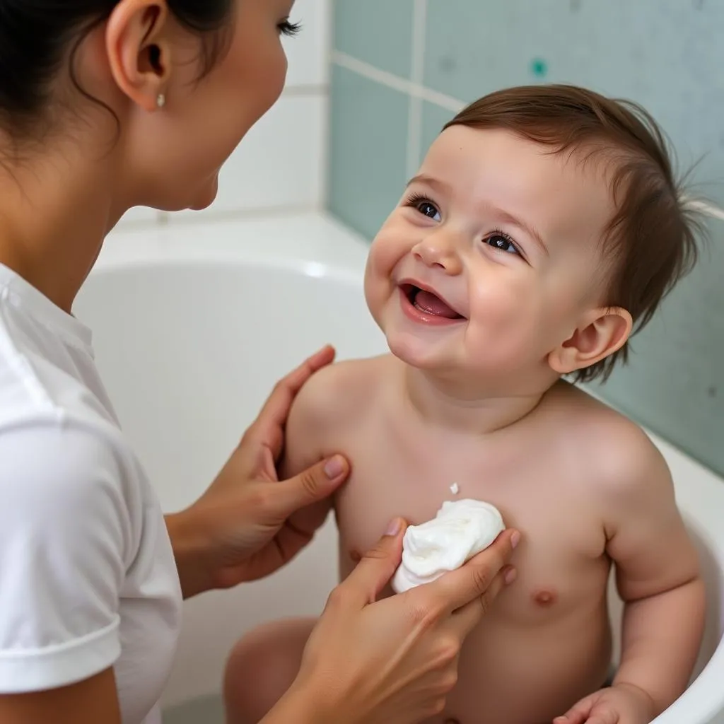 Mother applying lotion to baby