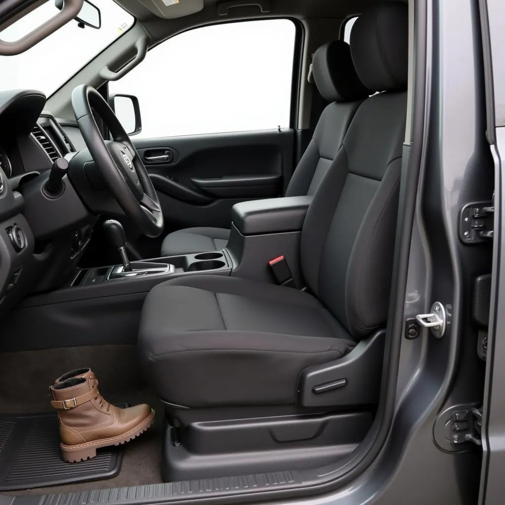 A set of neoprene Nissan Frontier car seat covers protecting the front seats from muddy boots.