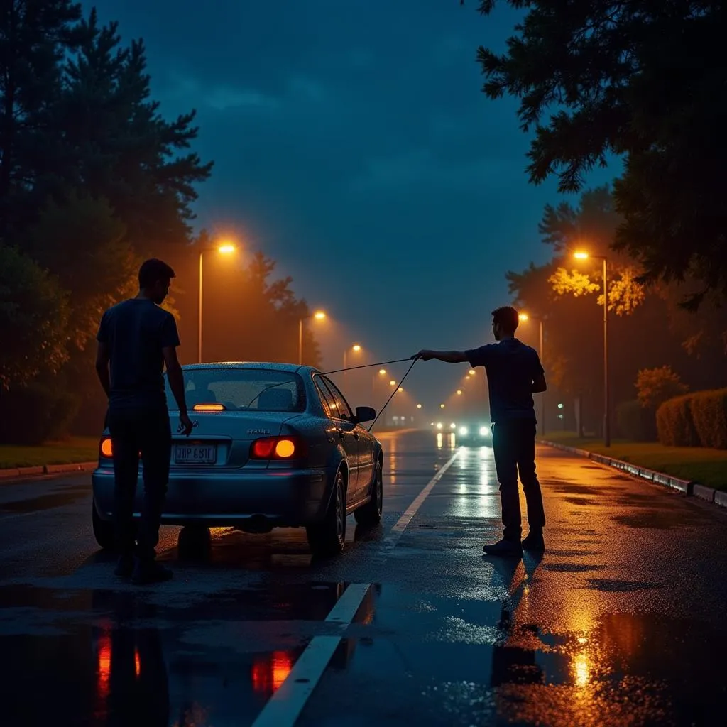 Washing a Car at Night Under Streetlights