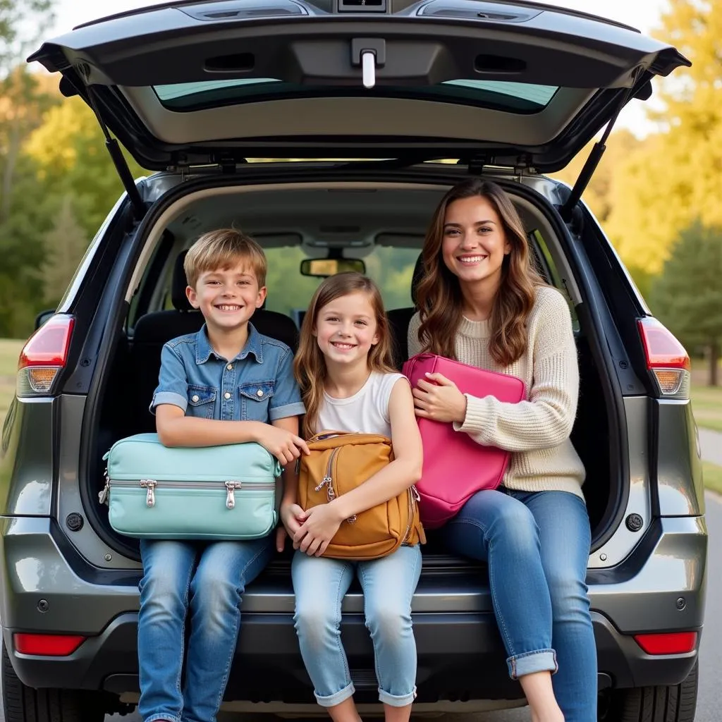 A happy family embarking on a road trip in their used Nissan Rogue