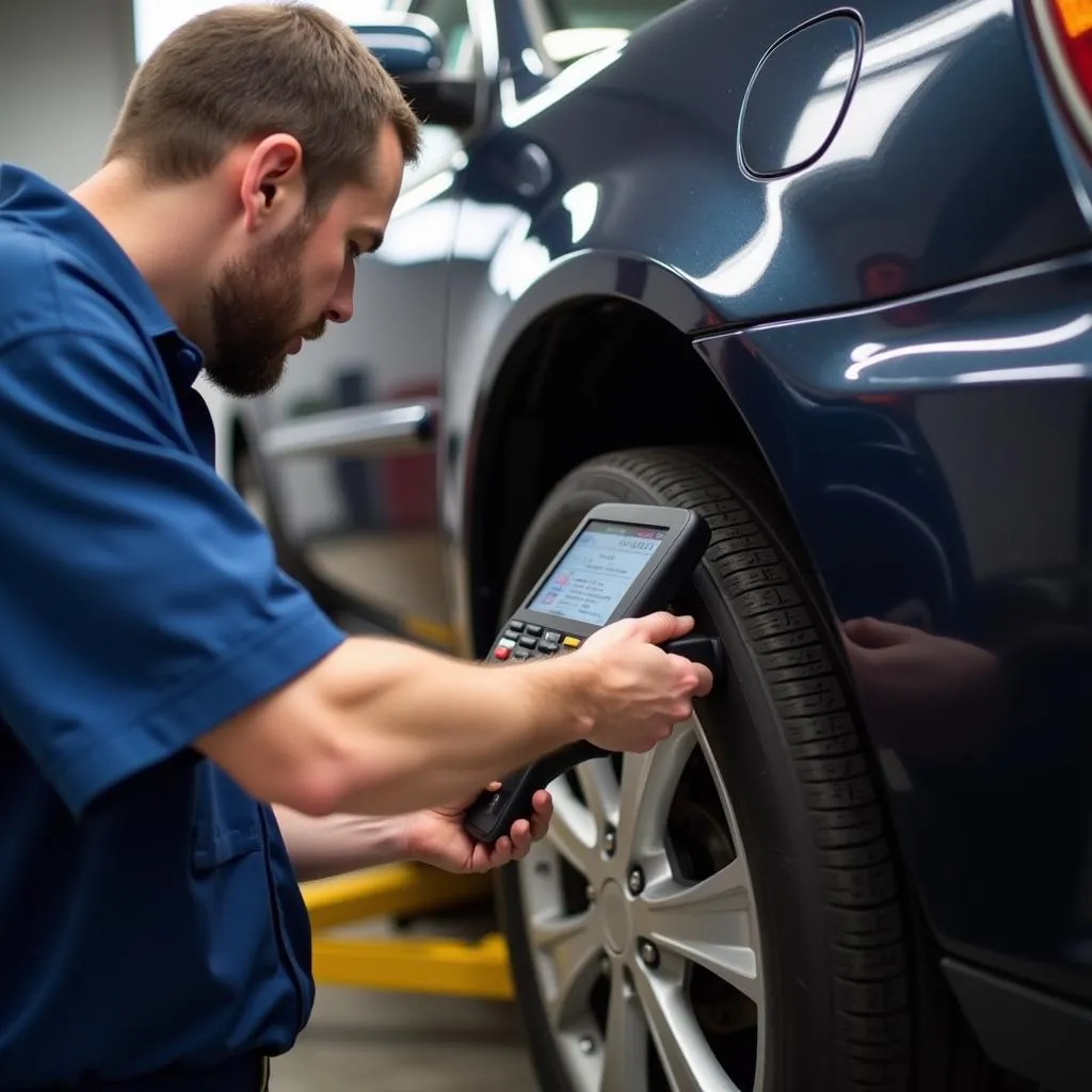 Mechanic using OBD scanner to diagnose car problems