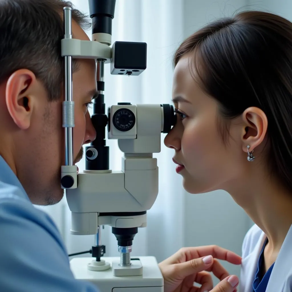 Ophthalmologist Examining Patient's Eyes with Slit Lamp