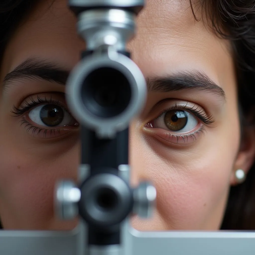 Optometrist using a slit lamp to examine a patient's eye