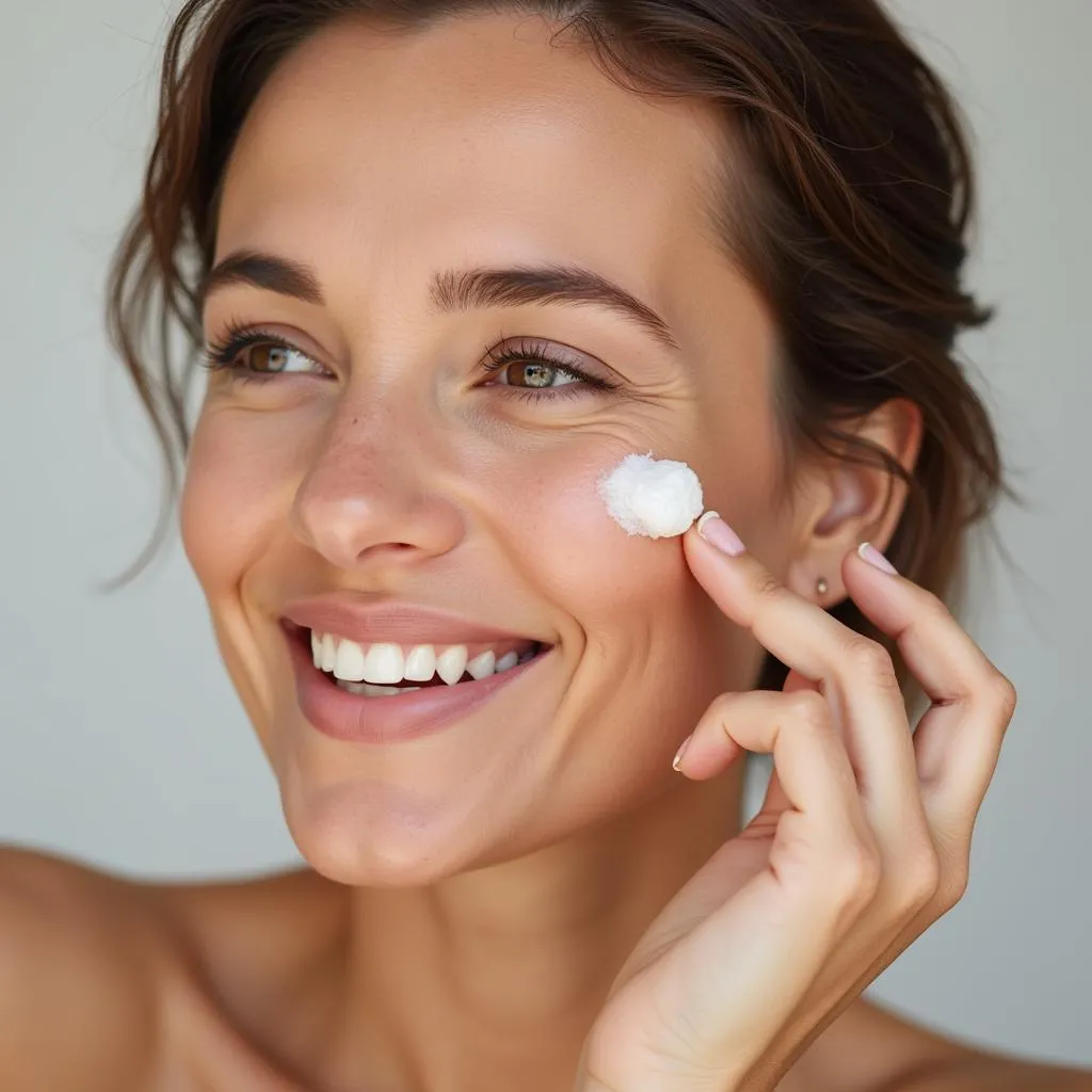 Woman in her 60s applying organic serum to her face.