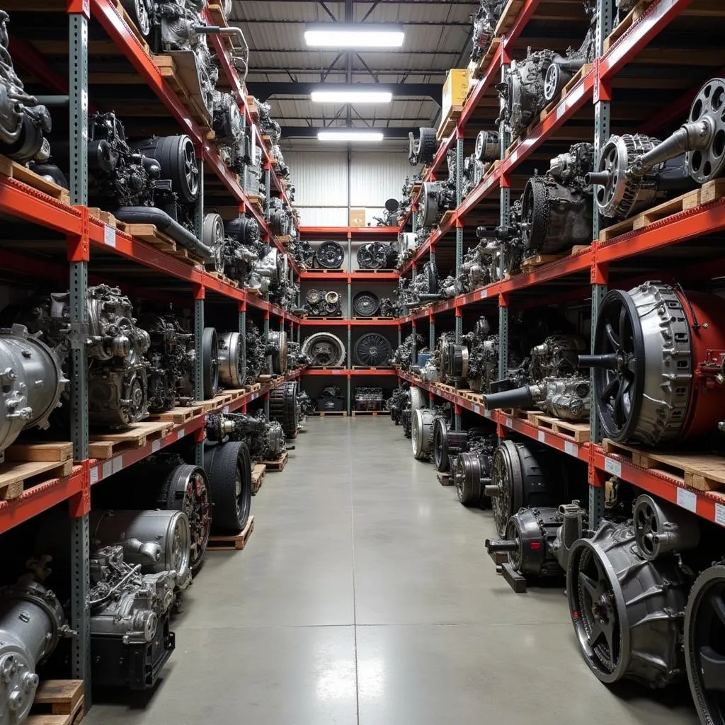 Shelves of organized used car parts