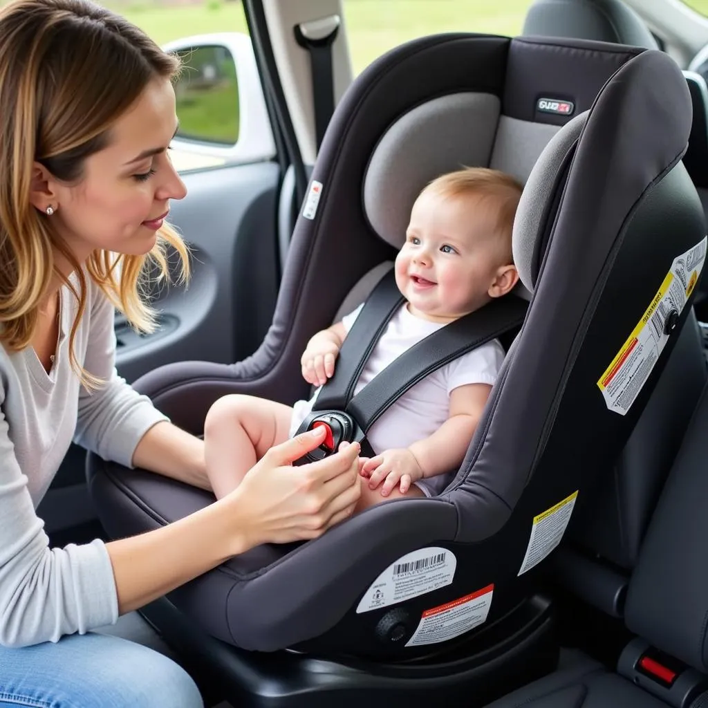 Parent removing infant car seat insert as baby outgrows it