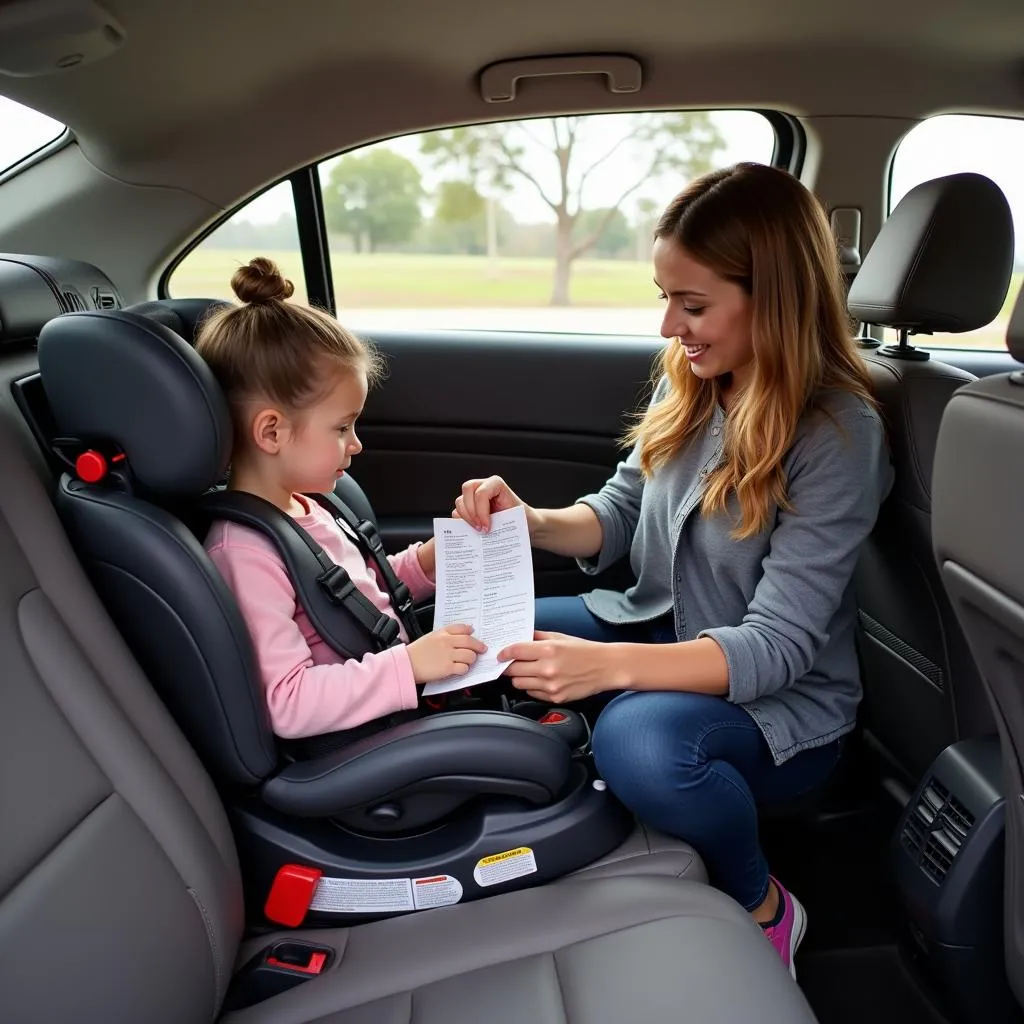 Parents installing a car booster seat