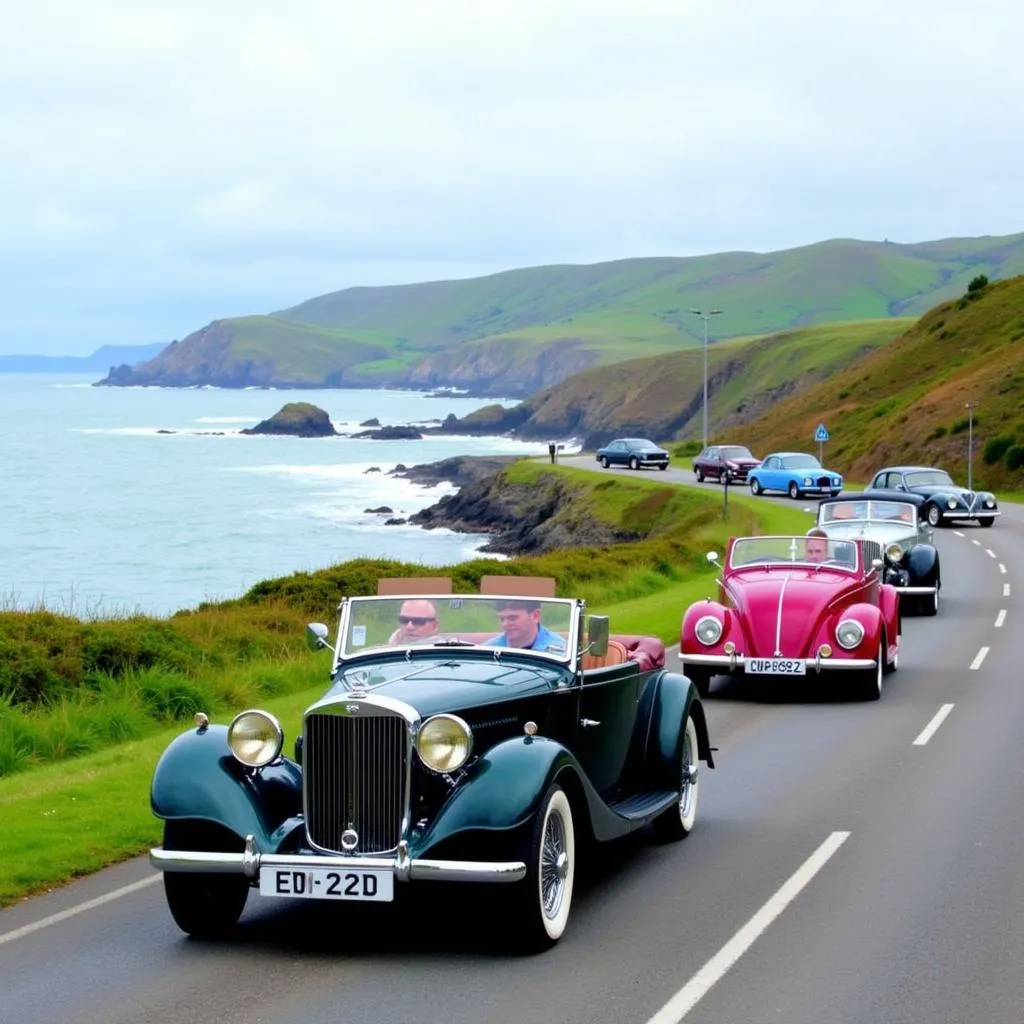 Classic cars participating in a scenic Past Pleasures Car Club rally.