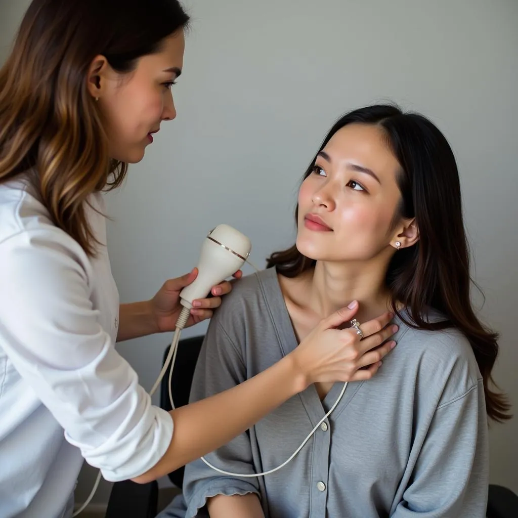 Patient receiving laser therapy treatment on their shoulder