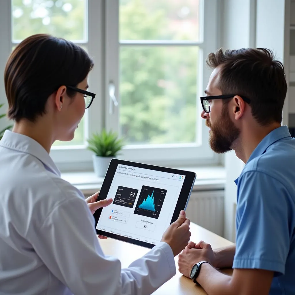 Doctor showing patient medical information on tablet