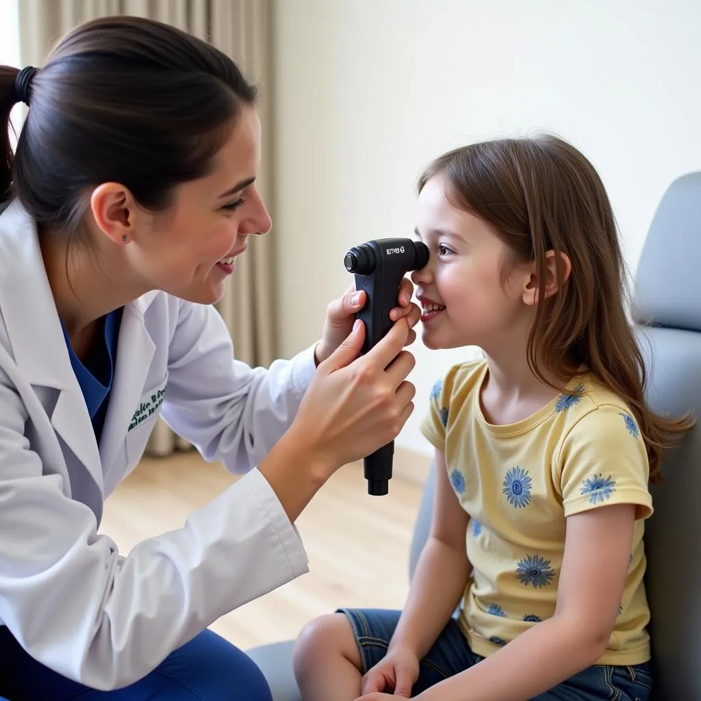 Pediatric ophthalmologist examining a child's eyes