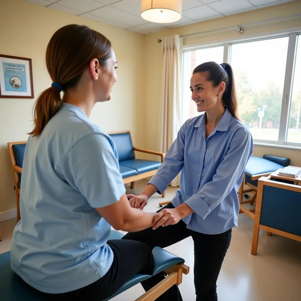 Therapist assisting patient with leg exercises in Gandy post-acute care center