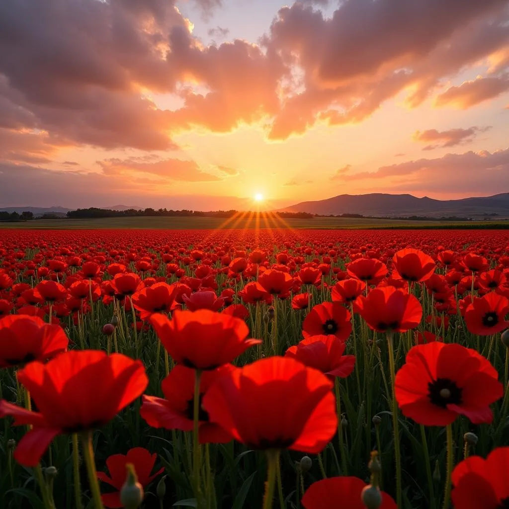 Poppy field at sunset