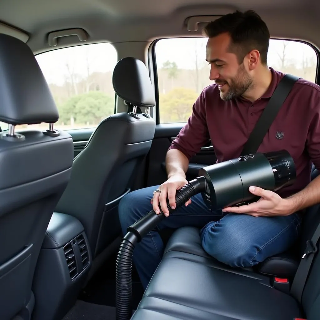 Dad Using a Portable Car Vacuum Cleaner