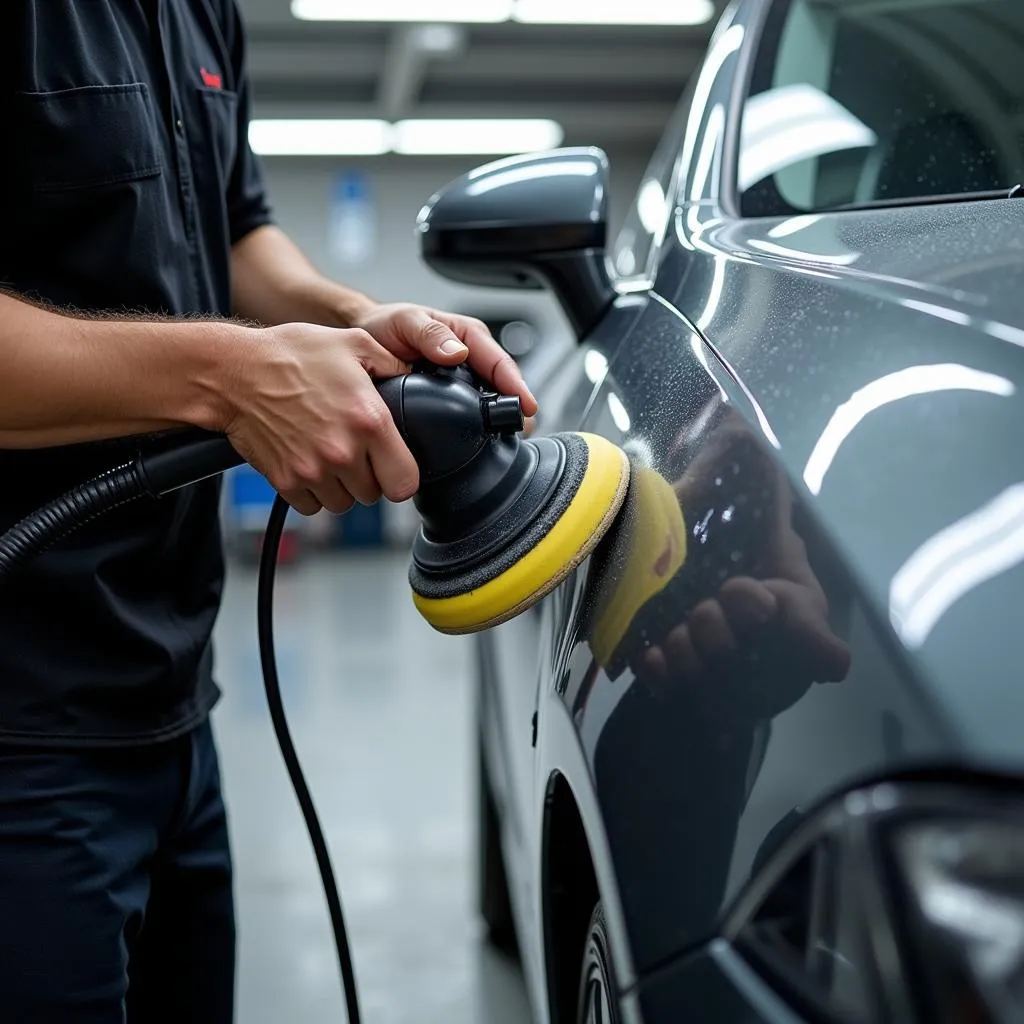 Professional Car Detailer Polishing Car