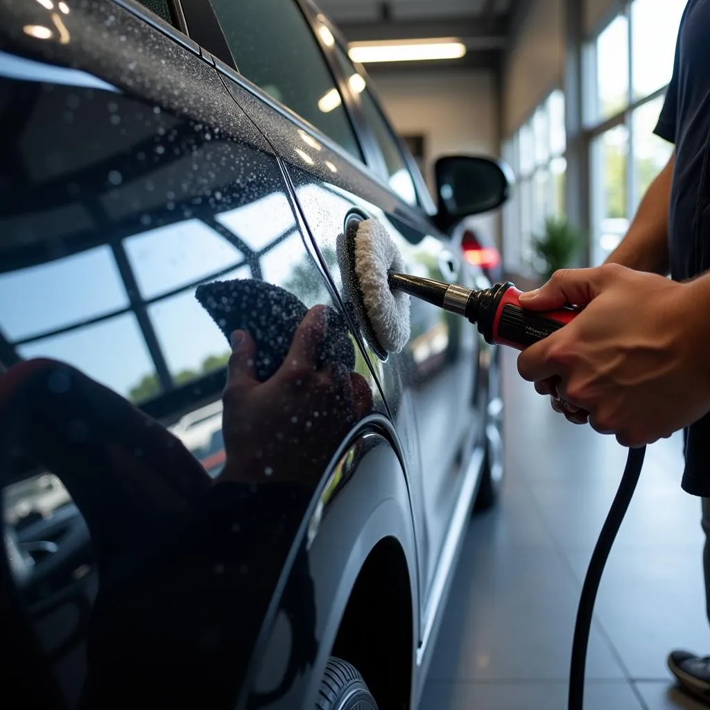 Professional Detailer Removing a Car Logo