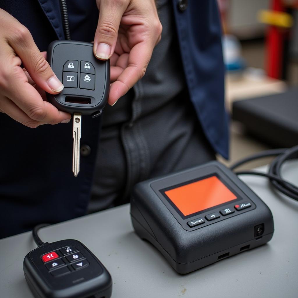 A dealer scanner is used to program a new key fob for a European car