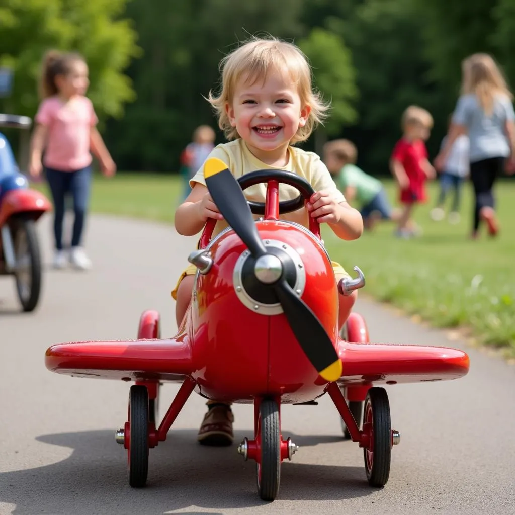 Children playing with a red pursuit plane pedal car