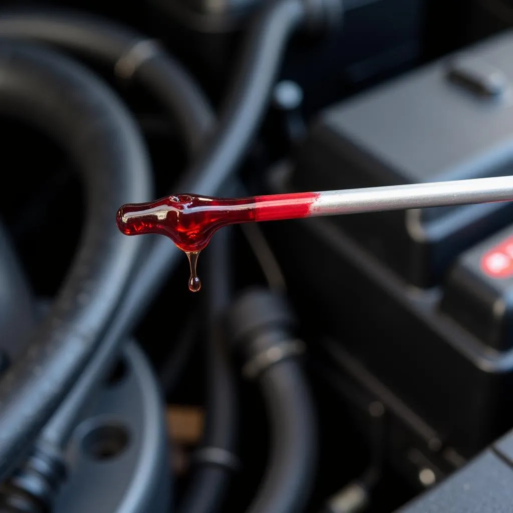 Car oil dipstick showing red oil