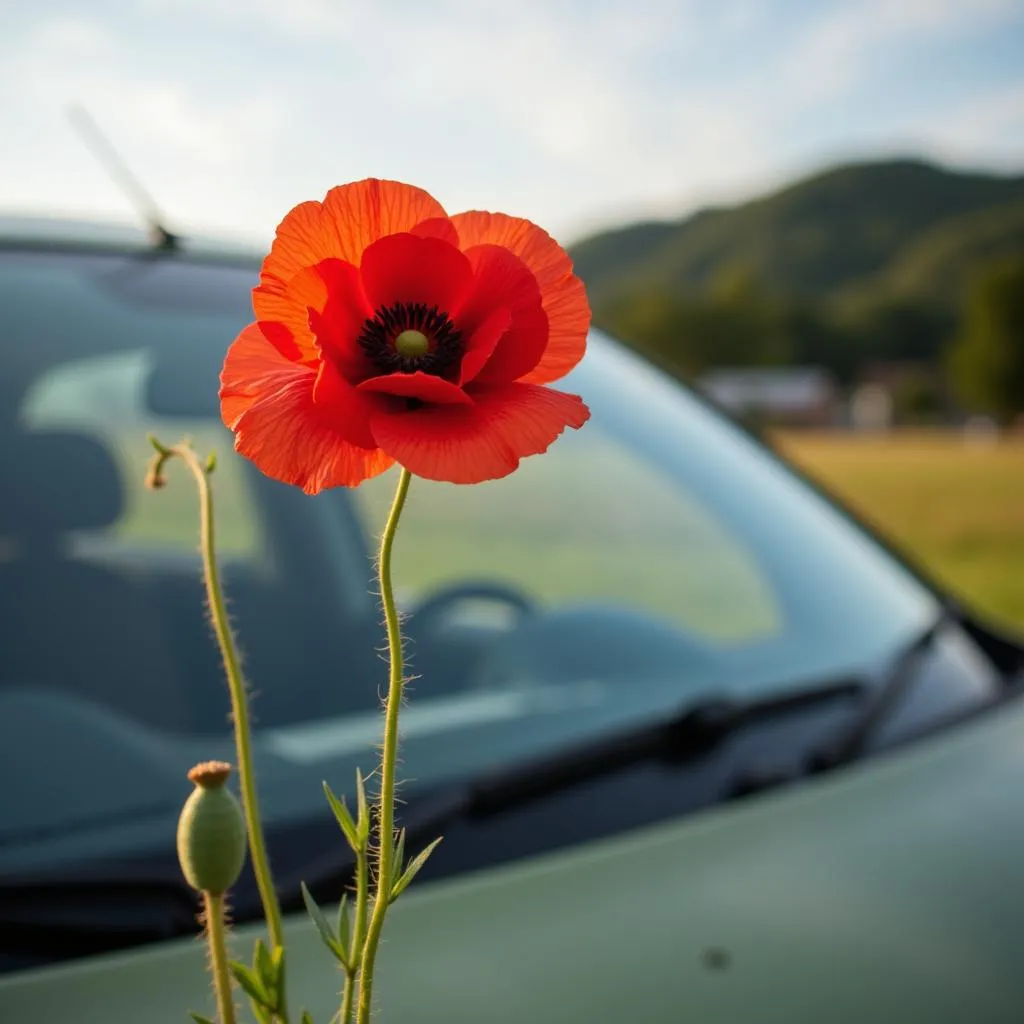 Red poppy on a car antenna